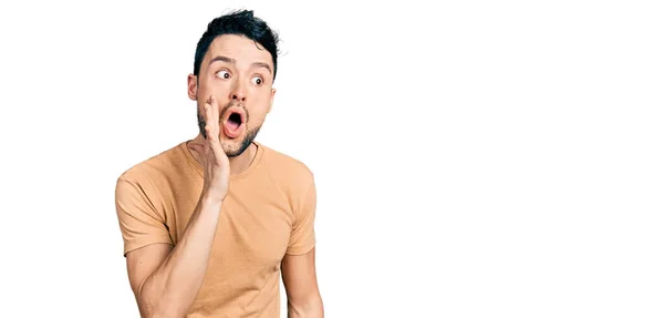 Hispanic Man Beard Wearing Casual Shirt Hand Mouth Telling Secret — Stock Photo, Image