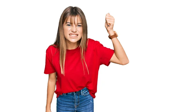 Adolescente Caucasiano Menina Vestindo Casual Shirt Vermelha Irritado Louco Levantando — Fotografia de Stock