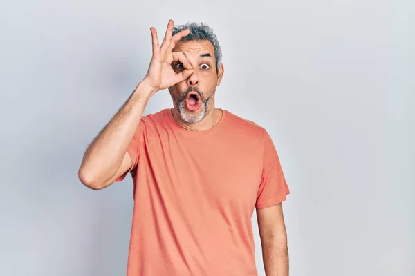 Handsome Middle Age Man Grey Hair Wearing Casual Shirt Doing — Stock Photo, Image