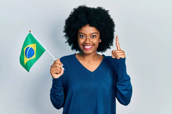 ブラジルの国旗を手にした若いアフリカ系アメリカ人女性が笑顔でアイデアや質問を指差す — ストック写真