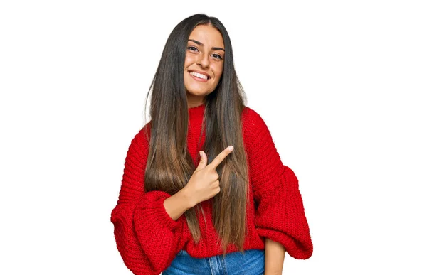 Beautiful Hispanic Woman Wearing Casual Clothes Cheerful Smile Face Pointing — Stock Photo, Image