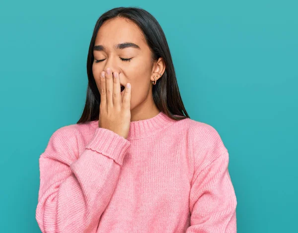 Young Asian Woman Wearing Casual Winter Sweater Bored Yawning Tired — Stock Photo, Image