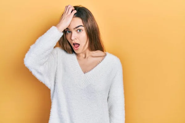 Jonge Blanke Meisje Draagt Casual Kleding Verrast Met Hand Het — Stockfoto