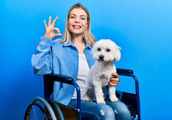 Beautiful Caucasian Woman Sitting Wheelchair Hugging Dog Doing Sign Fingers — Stock Photo, Image
