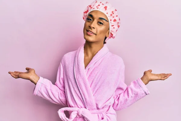 Hispanic Man Wearing Make Wearing Shower Towel Cap Bathrobe Smiling — Stock Photo, Image