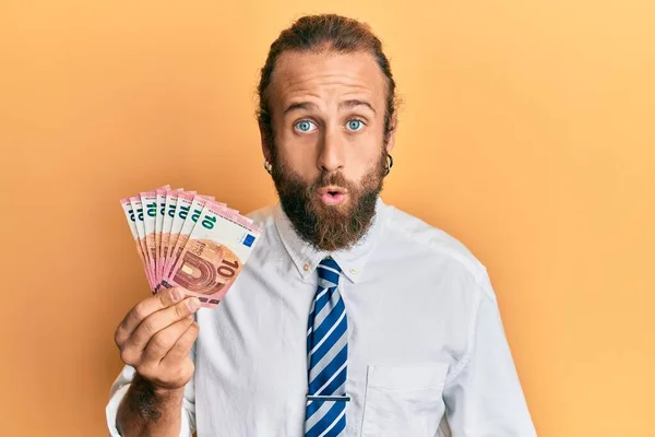 Handsome Business Man Beard Long Hair Holding Bunch Euro Banknotes — Stock Photo, Image