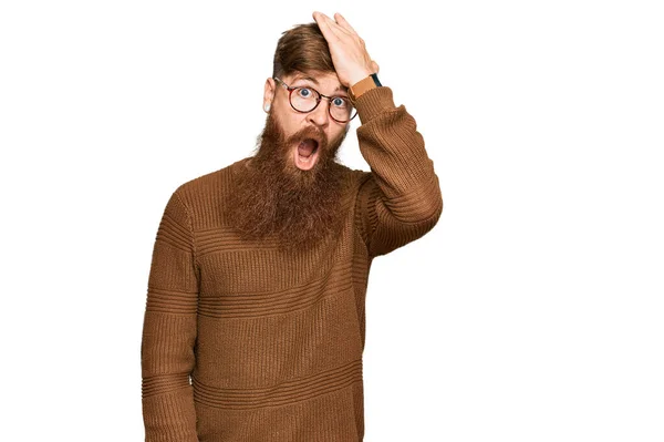 Young Irish Redhead Man Wearing Casual Clothes Glasses Surprised Hand — Stock Photo, Image