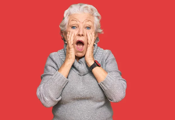 Senior Grey Haired Woman Wearing Casual Winter Sweater Afraid Shocked — Stock Photo, Image