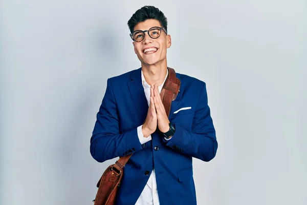 Young Hispanic Man Wearing Business Clothes Begging Praying Hands Together — Stock Photo, Image