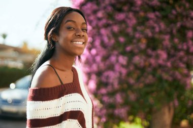 Genç Afrikalı Amerikalı kadın parkta mutlu bir şekilde gülümsüyor..