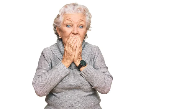 Senior Grey Haired Woman Wearing Casual Winter Sweater Laughing Embarrassed — Stock Photo, Image