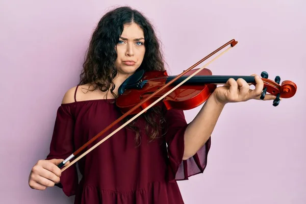 Young Brunette Musician Woman Curly Hair Playing Violin Depressed Worry — Stock Photo, Image