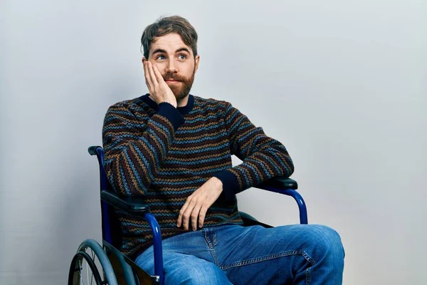 Caucasian Man Beard Sitting Wheelchair Looking Stressed Nervous Hands Mouth — Stock Photo, Image