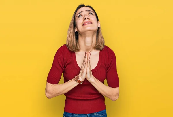 Young Blonde Girl Wearing Casual Clothes Begging Praying Hands Together — Stock Photo, Image
