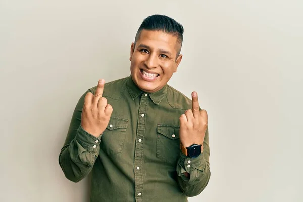 Young Latin Man Wearing Casual Clothes Showing Middle Finger Doing — ストック写真