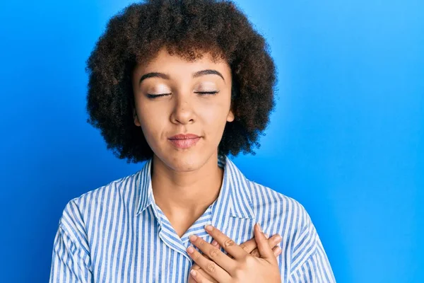 Young Hispanic Girl Wearing Casual Clothes Smiling Hands Chest Eyes — Stock Photo, Image