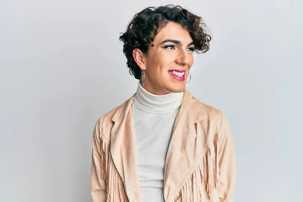 Hombre Joven Con Maquillaje Mujer Ropa Mujer Mirando Lado Pose —  Fotos de Stock