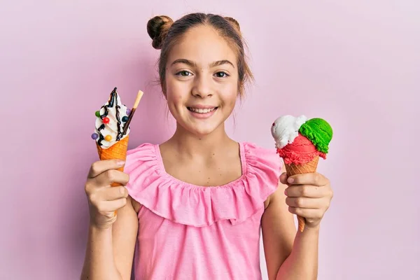 Beautiful Brunette Little Girl Eating Ice Cream Cones Smiling Happy — 스톡 사진