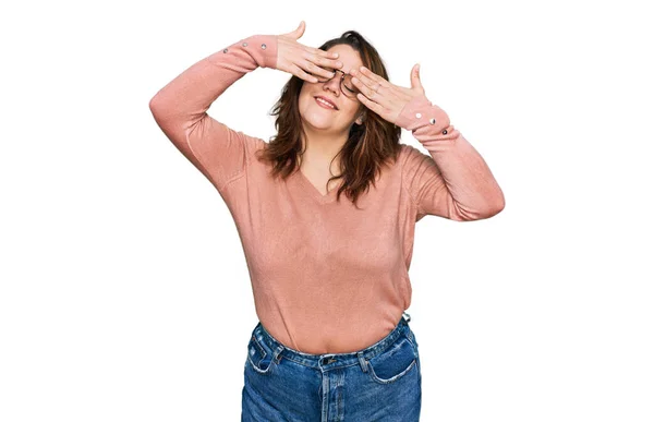 Young Size Woman Wearing Casual Clothes Glasses Covering Eyes Hands — Stock Photo, Image