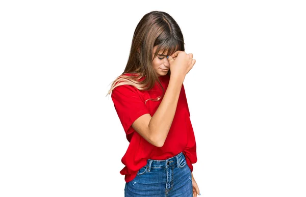 Teenager Caucasian Girl Wearing Casual Red Shirt Tired Rubbing Nose — 图库照片