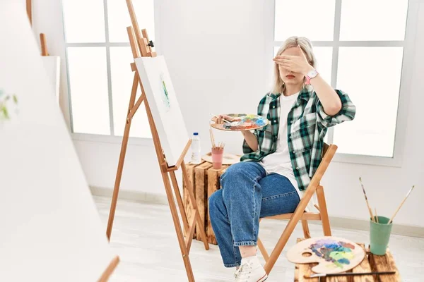 Young Artist Woman Painting Canvas Art Studio Covering Eyes Hand — Stock Photo, Image