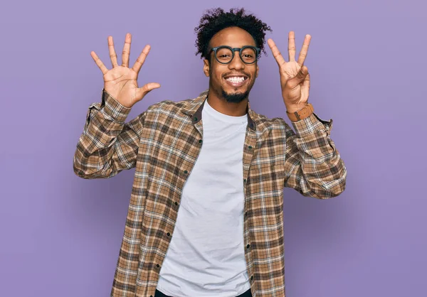 Young African American Man Beard Wearing Casual Clothes Glasses Showing — 图库照片