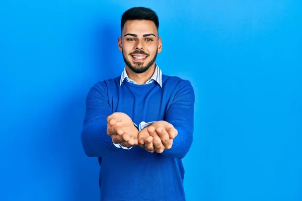 Young Hispanic Man Beard Wearing Casual Blue Sweater Smiling Hands — 스톡 사진