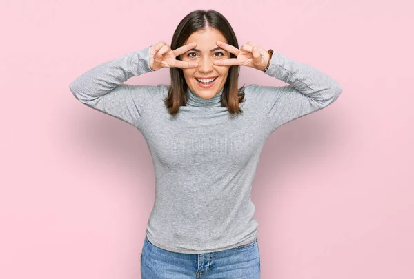Young Beautiful Woman Wearing Casual Turtleneck Sweater Doing Peace Symbol — Stock Photo, Image