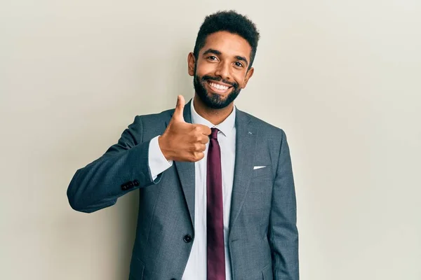 Handsome Hispanic Man Beard Wearing Business Suit Tie Doing Happy — 스톡 사진