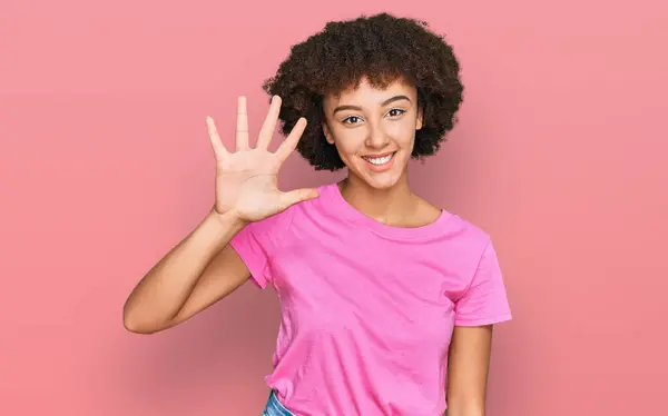 Young Hispanic Girl Wearing Casual Clothes Showing Pointing Fingers Number — Stock Photo, Image