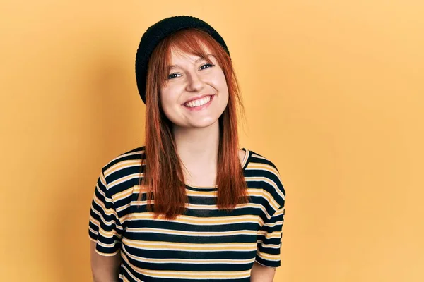 Redhead Young Woman Wearing Wool Cap Looking Positive Happy Standing — Stock Photo, Image