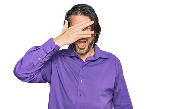 Middle Age Handsome Man Wearing Business Shirt Peeking Shock Covering — Stock Photo, Image