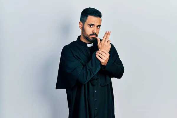 Handsome Hispanic Man Beard Wearing Catholic Priest Robe Holding Symbolic — Stock Photo, Image