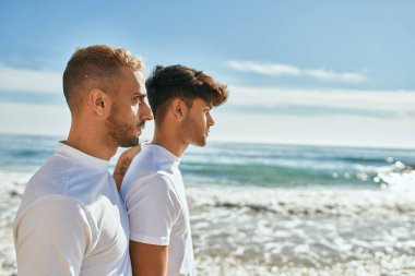 Ciddi ifadeleri olan genç eşcinsel bir çift sahile bakıyor..