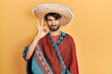 Young hispanic man holding mexican hat smiling positive doing ok sign with hand and fingers. successful expression. 