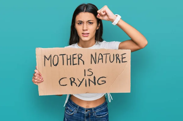 Young Hispanic Girl Holding Mother Nature Crying Protest Cardboard Banner — Stock Photo, Image