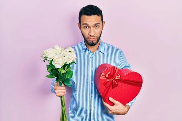 Hispanic Man Beard Holding Anniversary Present Bouquet Flowers Depressed Worry — 图库照片