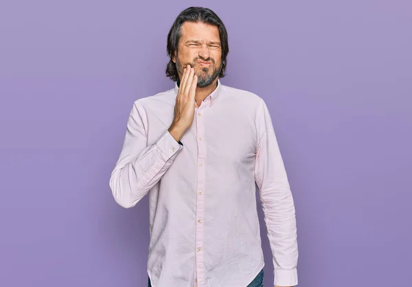 Middle Age Handsome Man Wearing Business Shirt Touching Mouth Hand — Stock Photo, Image