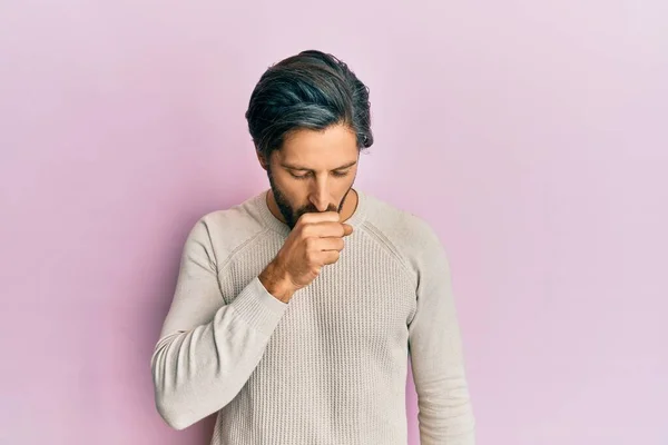 Young Hispanic Man Wearing Casual Winter Sweater Feeling Unwell Coughing — Stock Photo, Image