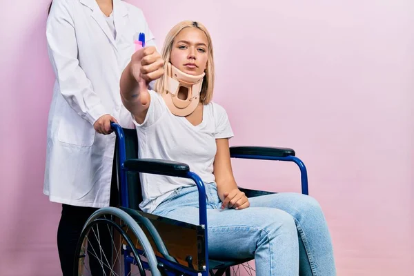 Beautiful Blonde Woman Sitting Wheelchair Collar Neck Looking Unhappy Angry — Stock Photo, Image