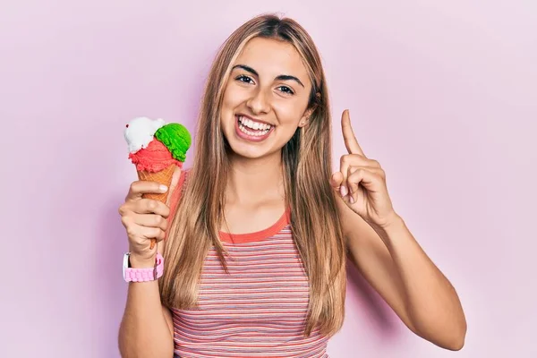 Beautiful Hispanic Woman Holding Ice Cream Smiling Idea Question Pointing — Photo