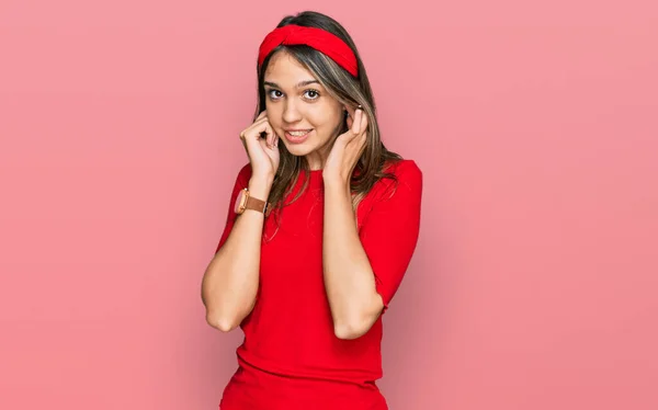 Young Brunette Woman Wearing Casual Clothes Covering Ears Fingers Annoyed — Stock Photo, Image