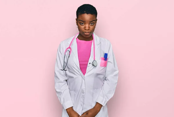 Young African American Woman Wearing Doctor Uniform Stethoscope Depressed Worry — Stock Photo, Image