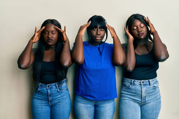 Three Young African American Friends Wearing Casual Clothes Hand Head — ストック写真
