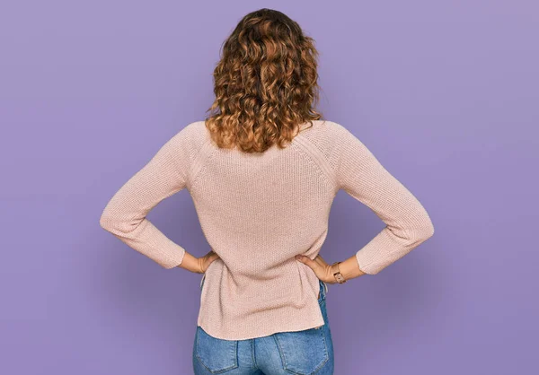 Beautiful Young Caucasian Woman Wearing Casual Sweater Standing Backwards Looking — Stok fotoğraf