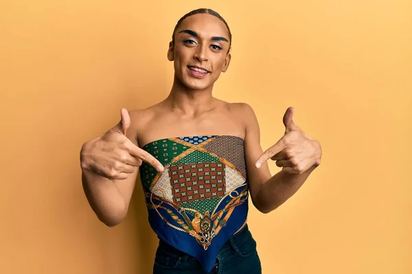 Hispanic Man Wearing Make Long Hair Wearing Womans Top Looking — Zdjęcie stockowe