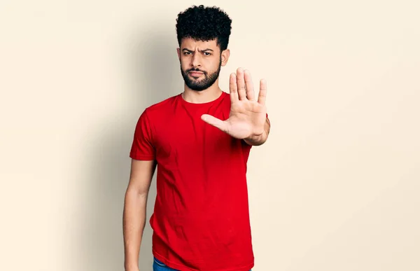 Young Arab Man Beard Wearing Casual Red Shirt Doing Stop — 图库照片