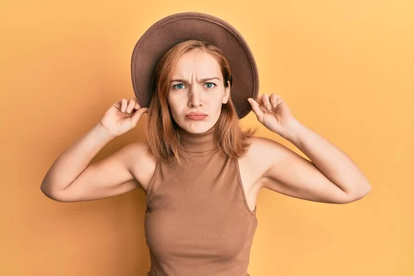 Young Caucasian Woman Wearing Hat Depressed Worry Distress Crying Angry — Stok fotoğraf
