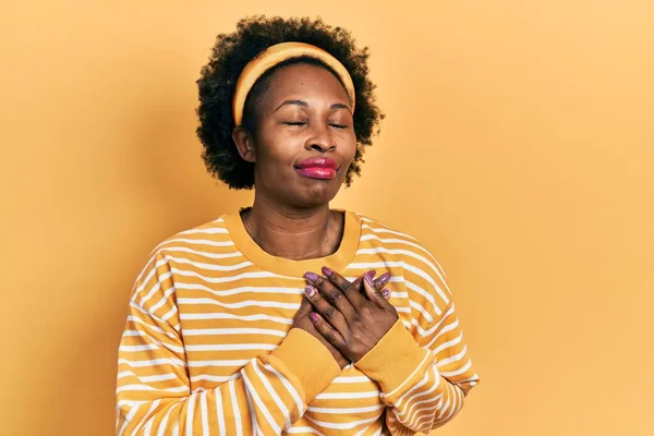 Young African American Woman Wearing Casual Sweatshirt Smiling Hands Chest — Fotografia de Stock