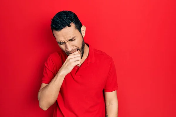 Hispanic Man Beard Wearing Casual Red Shirt Feeling Unwell Coughing — ストック写真
